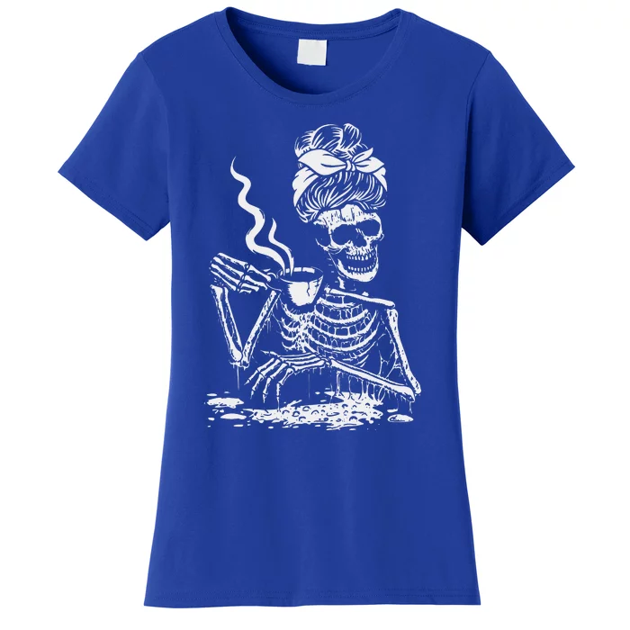 Skeleton Coffee Messy Bun Front Design Funny Women's T-Shirt