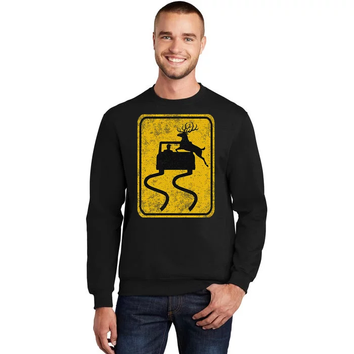 Swerving Car Meets Deer Crossing Vintage Road Sign Sweatshirt