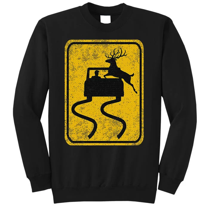 Swerving Car Meets Deer Crossing Vintage Road Sign Tall Sweatshirt