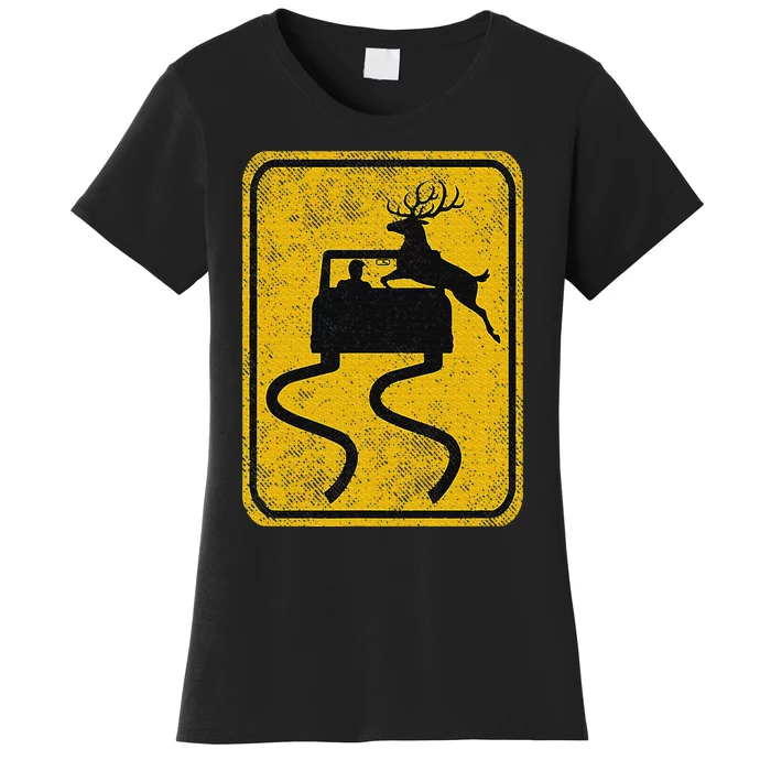 Swerving Car Meets Deer Crossing Vintage Road Sign Women's T-Shirt