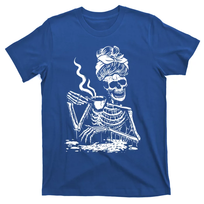 Skeleton Coffee Messy Bun Cool Gift Front Design Gift T-Shirt