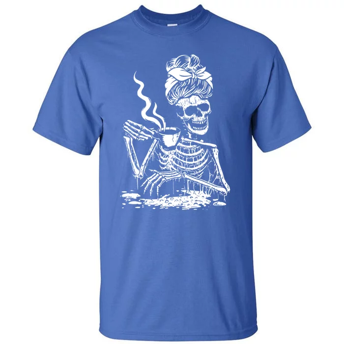 Skeleton Coffee Messy Bun Cool Gift Front Design Gift Tall T-Shirt