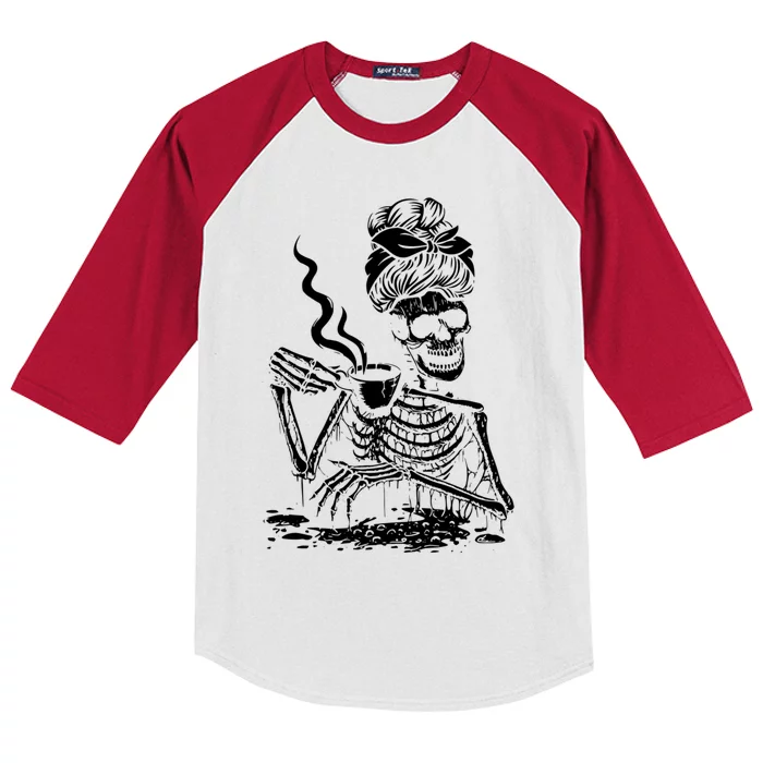 Skeleton Coffee Messy Bun Cool Gift Front Design Gift Kids Colorblock Raglan Jersey