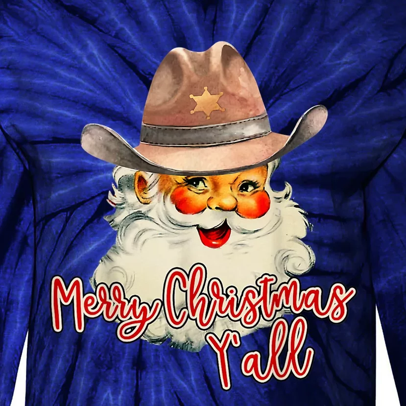 Santa Claus Merry Christmas Y'all Western Country Cowboy Tie-Dye Long Sleeve Shirt