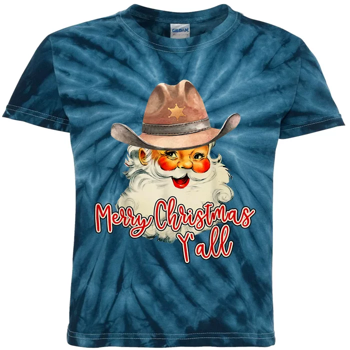 Santa Claus Merry Christmas Y'all Western Country Cowboy Kids Tie-Dye T-Shirt