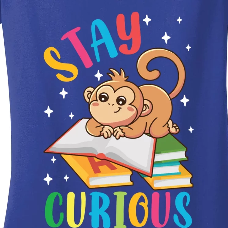 Stay Curious Monkey Reading Funny Book Lover Bookworm Great Gift Women's V-Neck T-Shirt