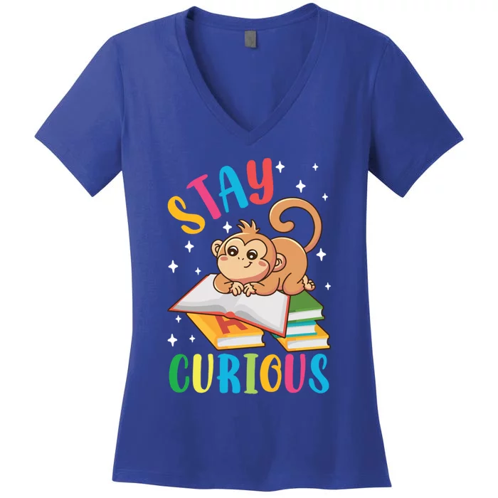 Stay Curious Monkey Reading Funny Book Lover Bookworm Great Gift Women's V-Neck T-Shirt