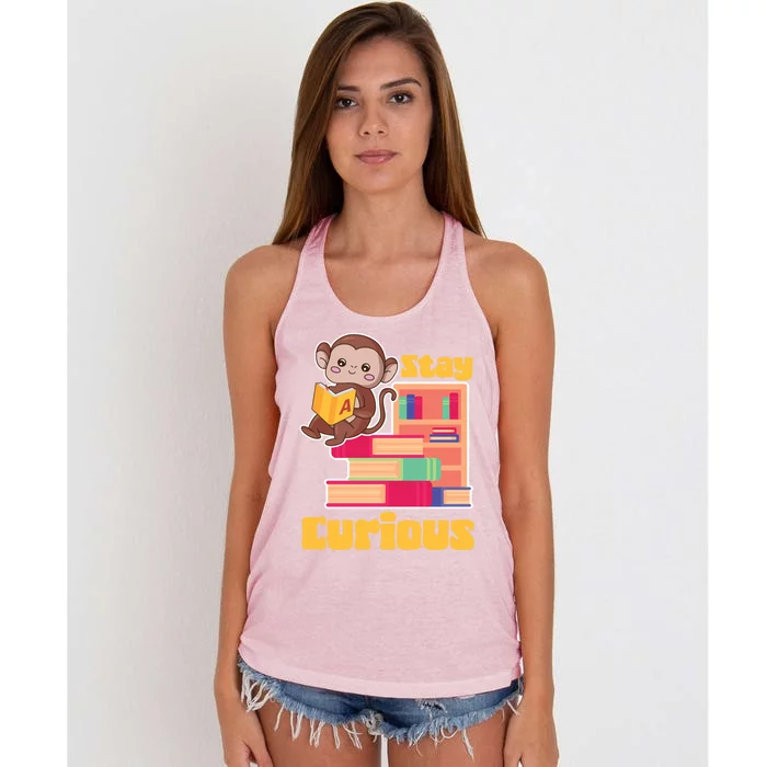 Stay Curious Monkey Reading Funny Book Lover Bookworm Gift Women's Knotted Racerback Tank