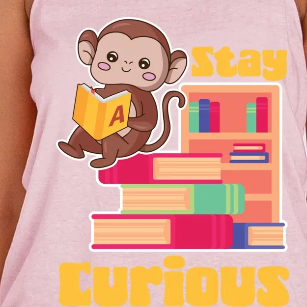 Stay Curious Monkey Reading Funny Book Lover Bookworm Gift Women's Knotted Racerback Tank