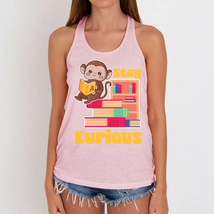 Stay Curious Monkey Reading Funny Book Lover Bookworm Gift Women's Knotted Racerback Tank