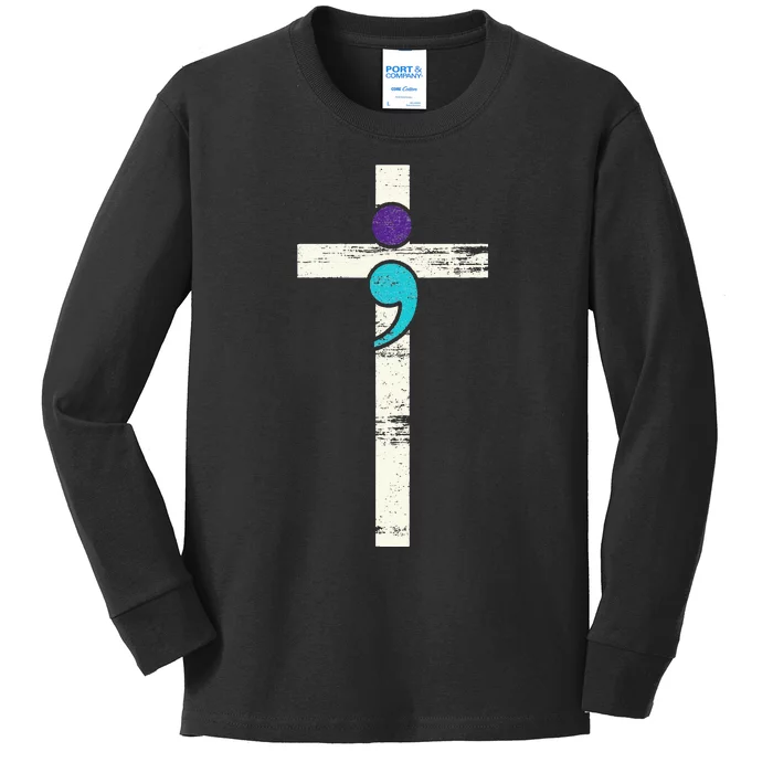 Semicolon Cross Mental Health Awareness Costume Warrior Kids Long Sleeve Shirt