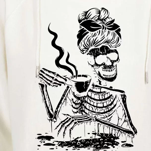 Skeleton Coffee Messy Bun Gift Front Design Funny Gift Womens Funnel Neck Pullover Hood