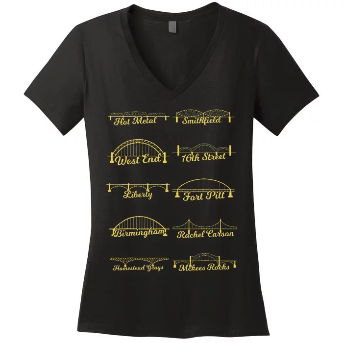 Steel City Of Pittsburgh Bridges 412 Black And Yellow Pgh Women's V-Neck T-Shirt