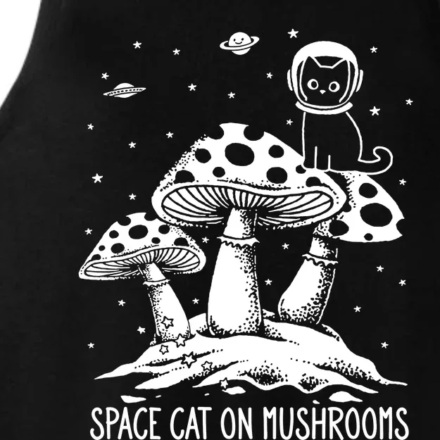 Space Cat On Mushrooms Ladies Tri-Blend Wicking Tank