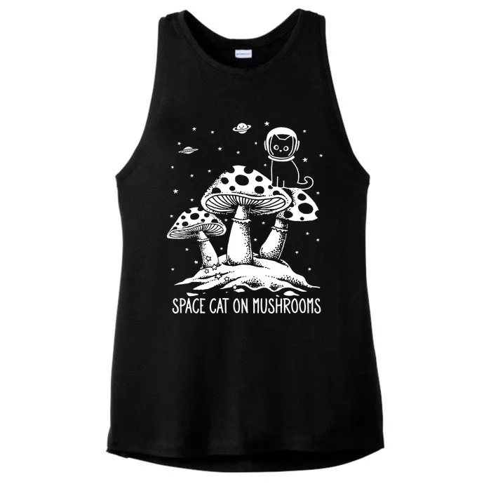 Space Cat On Mushrooms Ladies Tri-Blend Wicking Tank