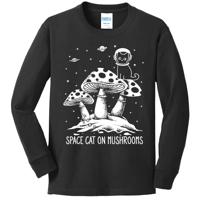 Space Cat On Mushrooms Kids Long Sleeve Shirt