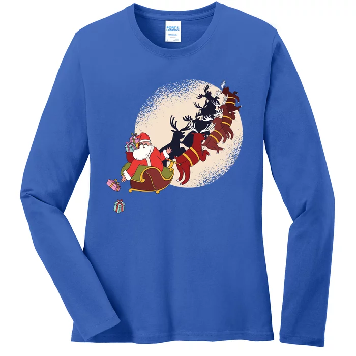 Santa Claus On Christmas Sleigh Pulled By Reindeer Great Gift Ladies Long Sleeve Shirt