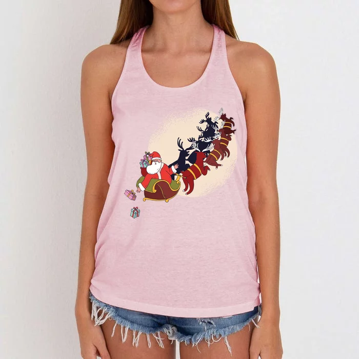 Santa Claus On Christmas Sleigh Pulled By Reindeer Gift Women's Knotted Racerback Tank