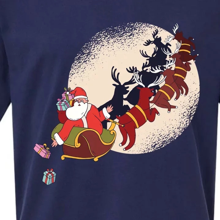 Santa Claus On Christmas Sleigh Pulled By Reindeer Gift Sueded Cloud Jersey T-Shirt