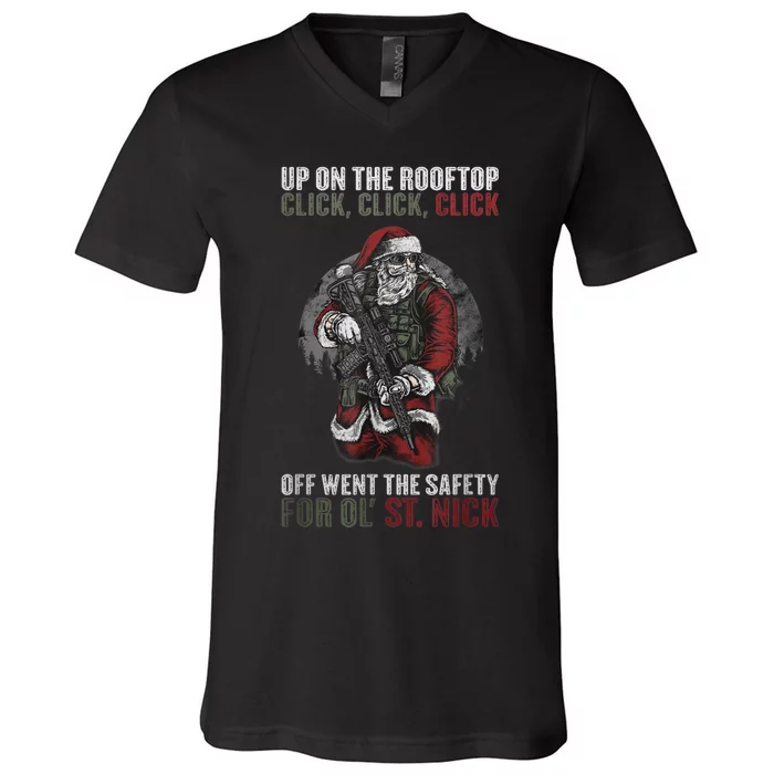 Santa Claus On The Rooftop Funny Tactical Safety Christmas V-Neck T-Shirt