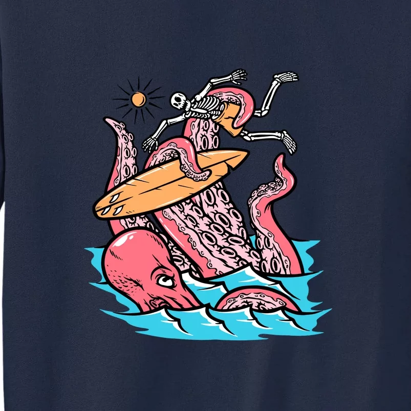 Surfing Cute Octopus Attacks Surfers Funny Skeleton Holiday Gift Tall Sweatshirt