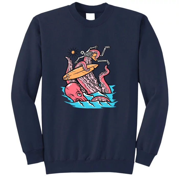 Surfing Cute Octopus Attacks Surfers Funny Skeleton Holiday Gift Tall Sweatshirt