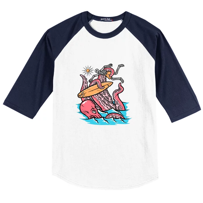 Surfing Cute Octopus Attacks Surfers Funny Skeleton Holiday Gift Baseball Sleeve Shirt