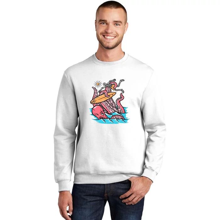 Surfing Cute Octopus Attacks Surfers Funny Skeleton Holiday Gift Sweatshirt