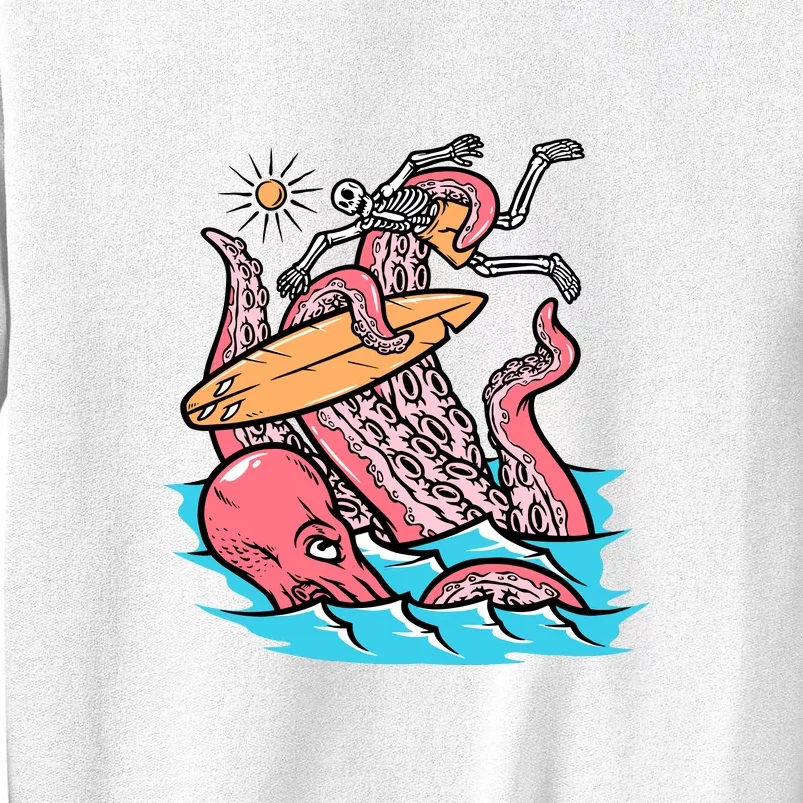 Surfing Cute Octopus Attacks Surfers Funny Skeleton Holiday Gift Sweatshirt