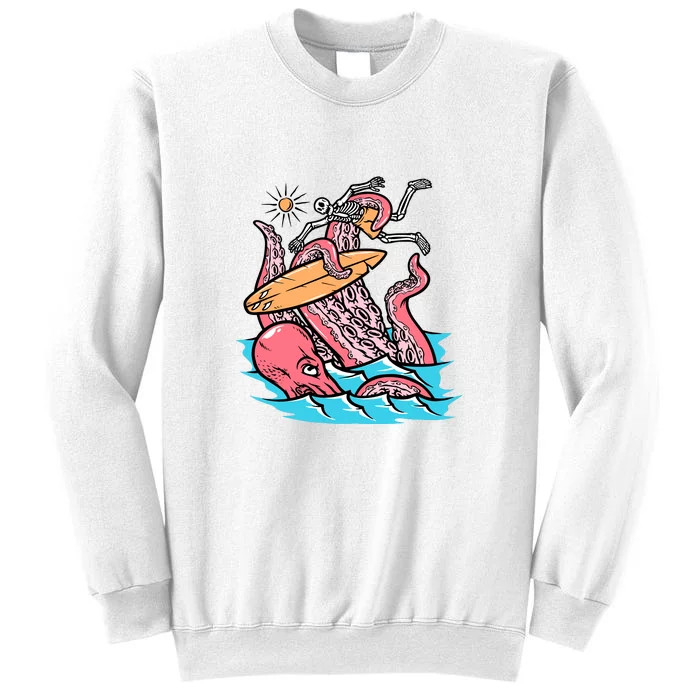 Surfing Cute Octopus Attacks Surfers Funny Skeleton Holiday Gift Sweatshirt