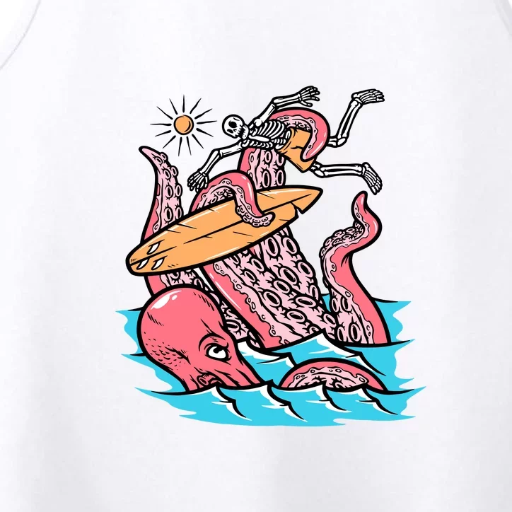 Surfing Cute Octopus Attacks Surfers Funny Skeleton Holiday Gift Performance Tank