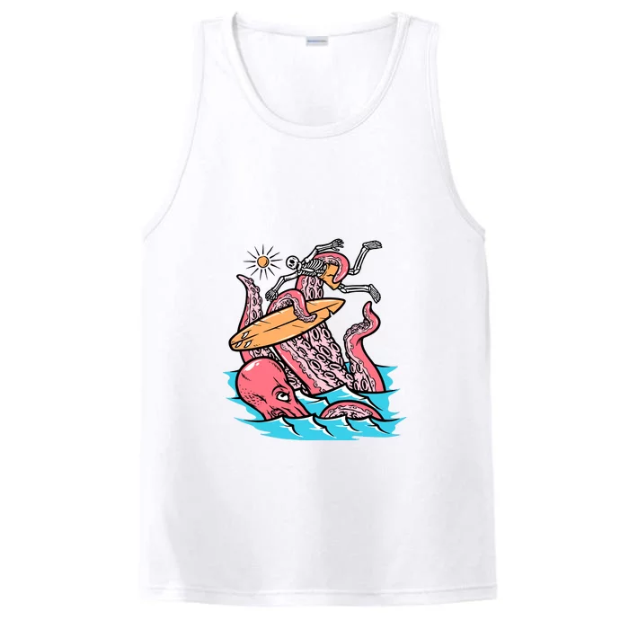 Surfing Cute Octopus Attacks Surfers Funny Skeleton Holiday Gift Performance Tank