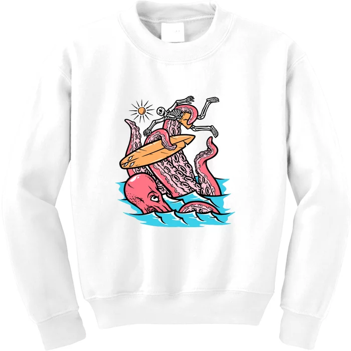 Surfing Cute Octopus Attacks Surfers Funny Skeleton Holiday Gift Kids Sweatshirt