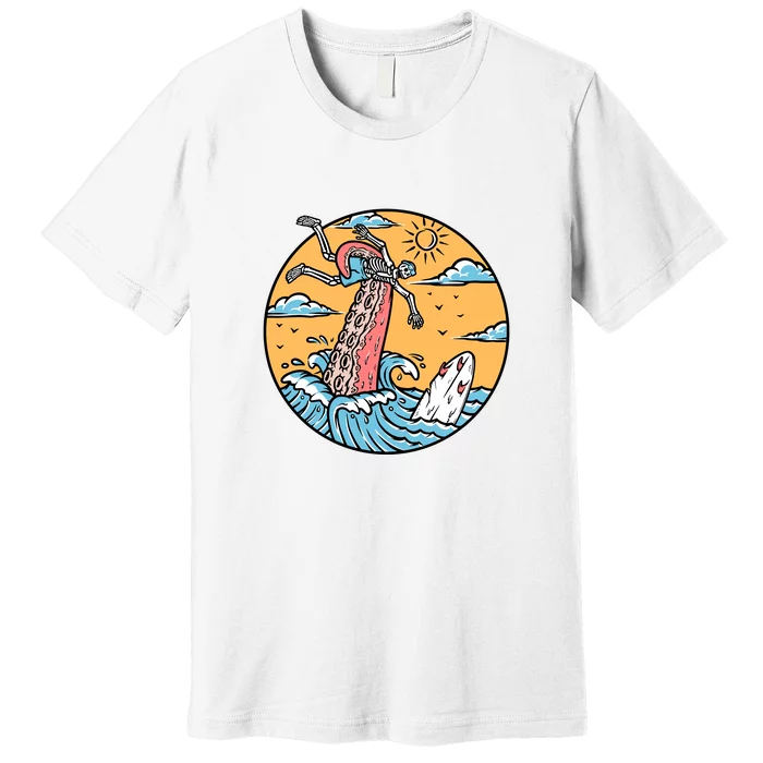 Surfing Cute Octopus Attacks Surfers In The Sea Holiday Gift Premium T-Shirt