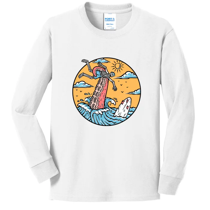 Surfing Cute Octopus Attacks Surfers In The Sea Holiday Gift Kids Long Sleeve Shirt