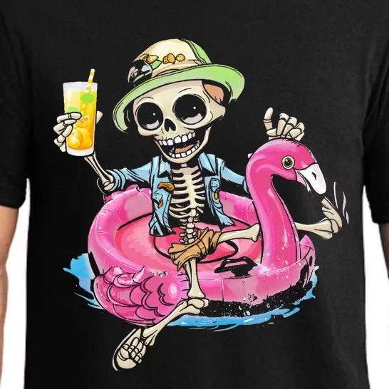 Skeleton Chilling On Flamingo Lifebuoy Halloween Skull Bones Pajama Set