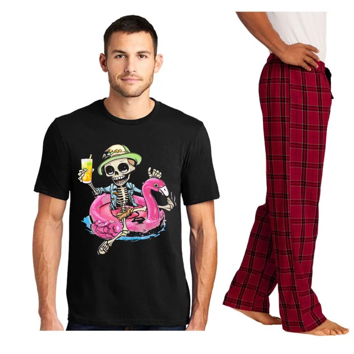 Skeleton Chilling On Flamingo Lifebuoy Halloween Skull Bones Pajama Set