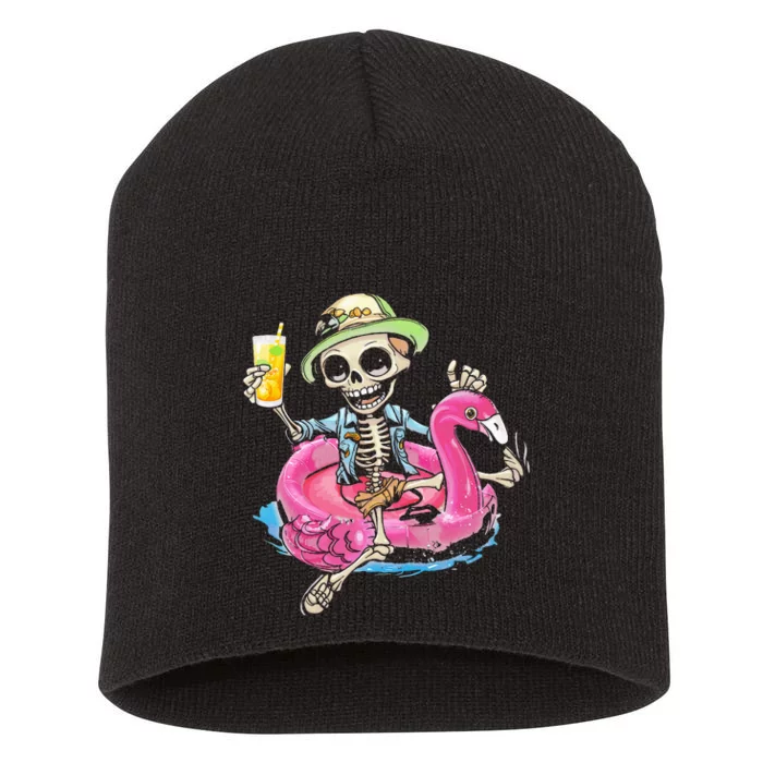 Skeleton Chilling On Flamingo Lifebuoy Halloween Skull Bones Short Acrylic Beanie