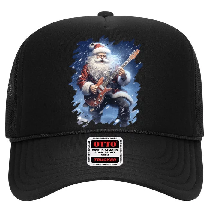 Santa Claus Playing Guitar High Crown Mesh Trucker Hat