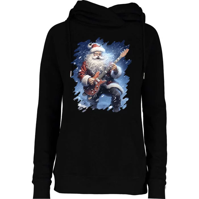 Santa Claus Playing Guitar Womens Funnel Neck Pullover Hood