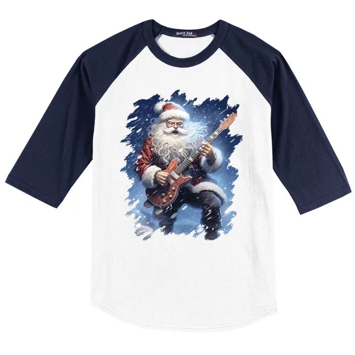 Santa Claus Playing Guitar Baseball Sleeve Shirt