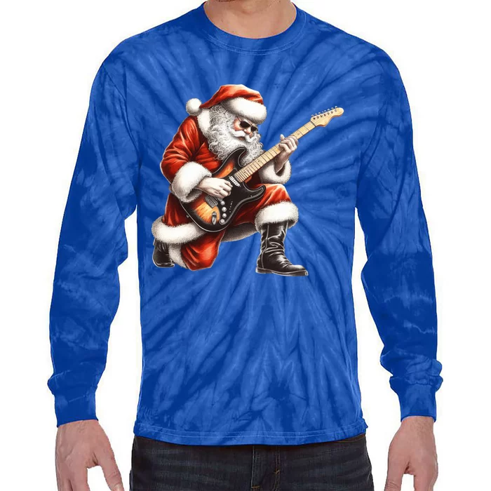 Santa Claus Playing Guitar Funny Christmas Rock N Roll Funny Gift Tie-Dye Long Sleeve Shirt