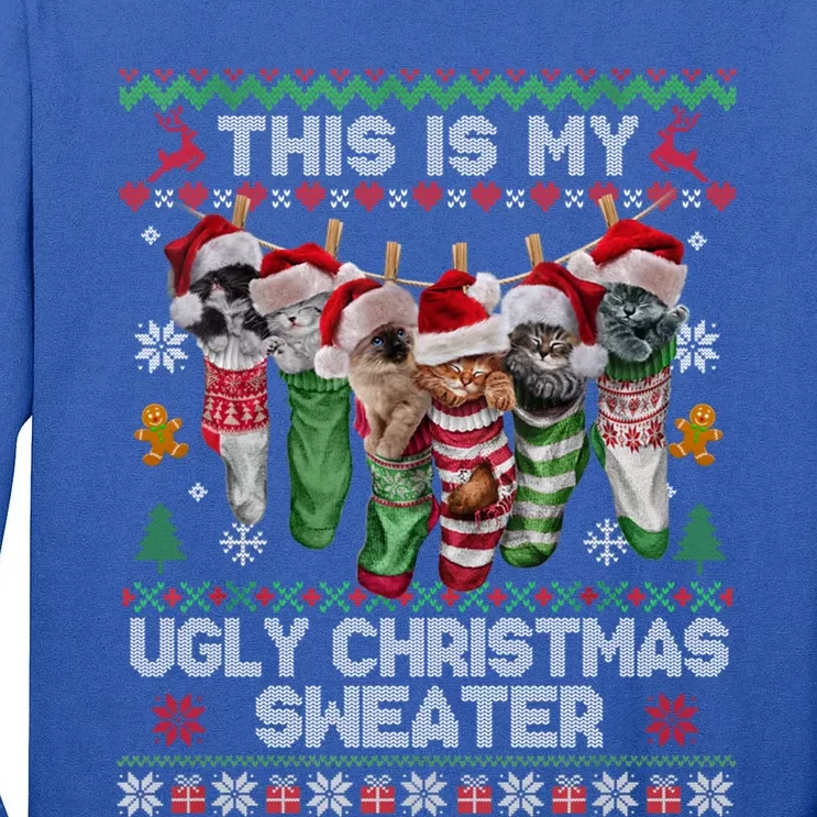 Santa Cats Pajama This Is My Ugly Christmas Kittens Sweater Gift Tall Long Sleeve T-Shirt