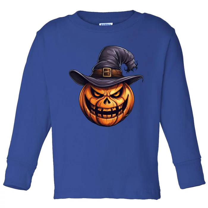 Spooky Carved Pumpkin Face With Witch Hat Halloween Party Cool Gift Toddler Long Sleeve Shirt