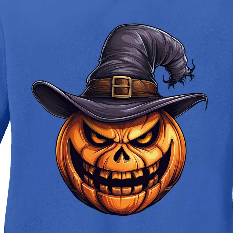 Spooky Carved Pumpkin Face With Witch Hat Halloween Party Cool Gift Ladies Long Sleeve Shirt