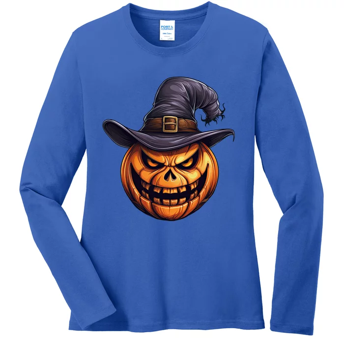 Spooky Carved Pumpkin Face With Witch Hat Halloween Party Cool Gift Ladies Long Sleeve Shirt