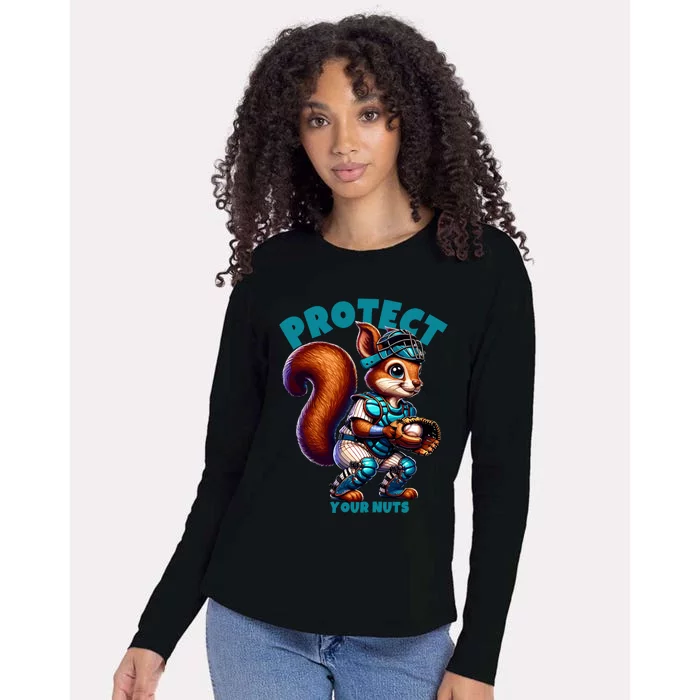 Squirrel Catcher Protect Your Nuts Funny Baseball Gift Womens Cotton Relaxed Long Sleeve T-Shirt