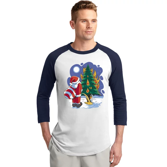 Santa Claus Pissing On Tree Baseball Sleeve Shirt