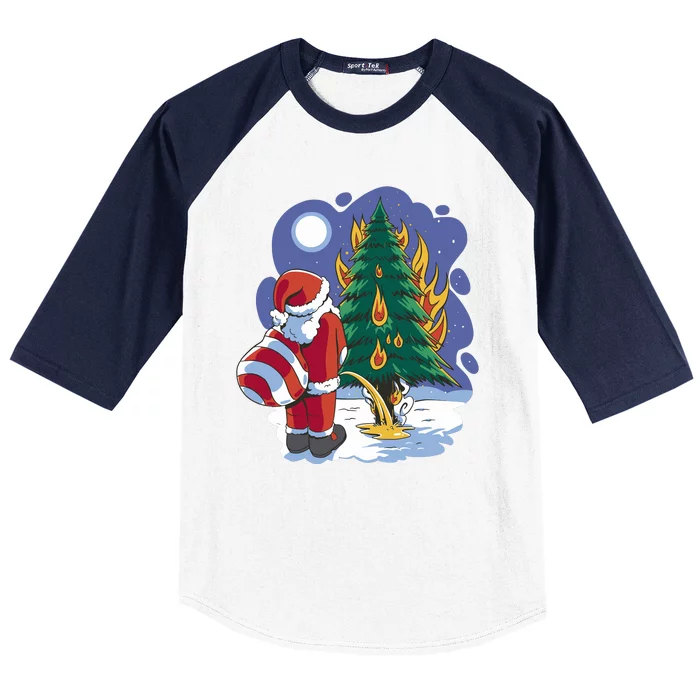 Santa Claus Pissing On Tree Baseball Sleeve Shirt