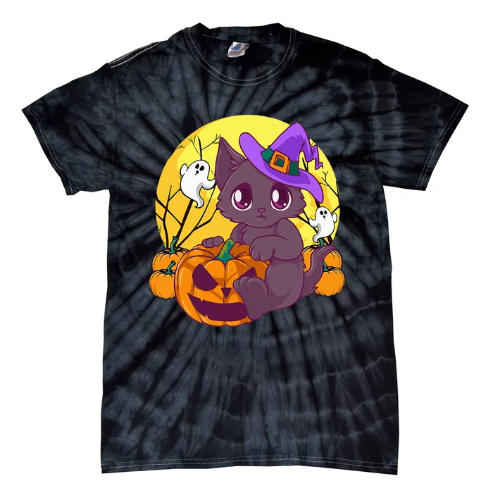 Spooky Cat Pumpkin Witch Hat for Halloween Tie-Dye T-Shirt